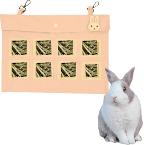 Rabbit Hay Feeder Bag with Cute Pendant, Storage Guinea Pig Feeder Rack Bag, Large Capacity Cotton Canvas Hanging Bag for Bunnies Chinchillas Guinea Pigs (Orange-Pink,XL)
