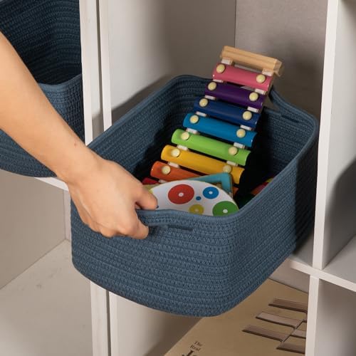 OIAHOMY 3 Pack Storage Baskets for Shelves Cotton Rope Storage Bins Blue | Woven Baskets for Storage Nursery Storage Basket with Handles Baskets for Organizing Small Baskets Gift Baskets Empty