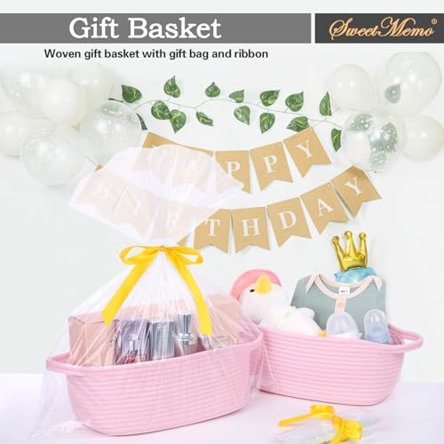 Empty Gift Basket to Fill with Handles, 12x8x5 inch - Large Woven Gifts Basket for Baby Shower, Women, Girls, Valentine Gifting - With Gift Bag & Ribbon - Pink, 1Pack