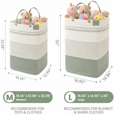 danpinera 100L Nursery Hamper, Tall Woven Laundry Basket with Long Leather Handles, Boho Laundry Hamper for Living Room, Eco-friendly & Convenient Decorative Storage Basket, White & Light Green