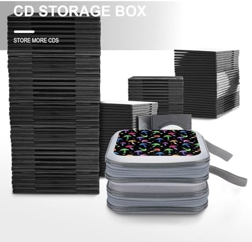 Hard Plastic CD/DVD Organizer Colorful Neon Mushrooms, 40-Disc Storage Binder with Zipper, Portable Protective Case for Car Office