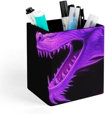Women's Pen Cup Pencil Holder Makeup Brush Storage Purple Fire Dragon Leather Desk Organizer