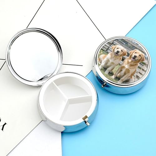 Round Small Pill Case 3 Compartment Metal Portable Travel Pillbox for Purse | Moisture Proof, Easy to Open, Fits Wallets & Pockets, Retriever Dogs Puppies Pets Pill Organizer for Vitamins Fish Oil