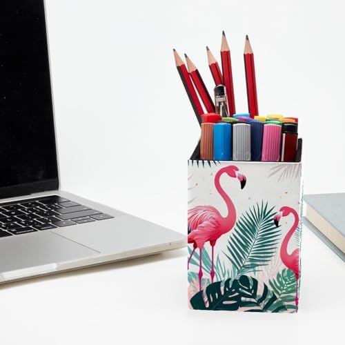 Flamingo and Palm Leaves Pen Holder for Desk Decor, Rectangular PVC Leather Pencil Cup for Desk Pen Organizer, Makeup Brush Holder for School, Home, Office