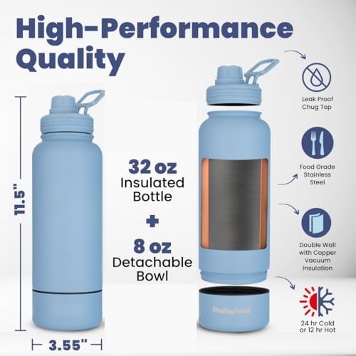 Rubyloo Original Doggy Bag (Pink) & 32oz Insulated Water Bottle with Attached 8oz Bowl (Solid Dusty Blue) – Dog Travel Bag & Hydration Set