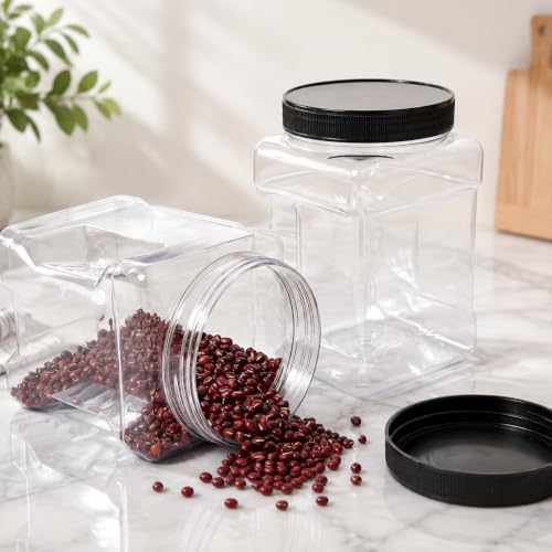 Lawei 6 Pack Clear Plastic Square Jars - 32 Oz Containers with Easy Grip Handles for Dry Goods, Cookies, Candy and More