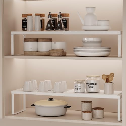 Magheo Expandable Cabinet Shelf Organizer, 2 Pack Stackable Kitchen Counter Shelf Riser, Metal Spice Rack Heavy Duty Countertop Organizer Storage for Kitchen, Pantry, Cupboard, Rv (5.9in Height,White)