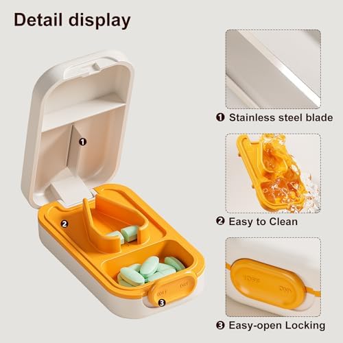 Pill Cutter | Pill Splitter for Small Large Pills | Design in The USA| Cuts Vitamins |- Adjustable Splitter+V-Shape Holder & Detachable Pad, Easy to Clean, Safe for Seniors, Kids, Pets Orange
