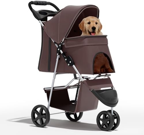 Foldable 3-Wheel Pet Stroller for Small/Medium Dogs & Cats, Coffee | Storage Basket & Cup Holder, Breathable Mesh Cover, Lightweight and Durable, for Small to Medium Pets, up to 33 lbs