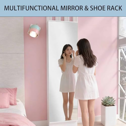 Shoe Cabinet with Mirror Modern Black Mirrored Shoe Storage Cabinet 67" Tall 5-Tier Shelves Narrow Shoe Storage Cabinet for Entryway Space Saving Furniture (Floor-Standing, White)