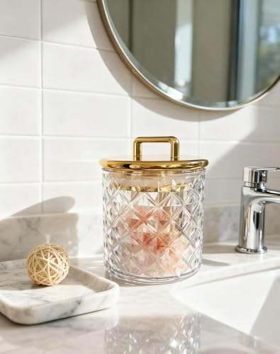 Acrylic Storage Jar with Gold Lid – Airtight Clear Canister for Bathroom & Vanity | Apothecary Jar for Qtips, Cotton Pads, Bath Salts, Snacks & Small Essentials 4.8"