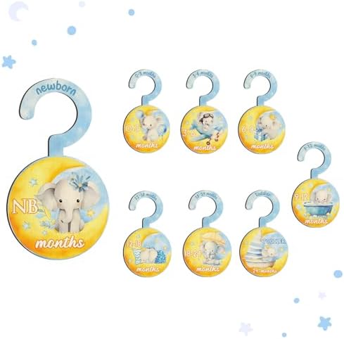 Baby Clothes Dividers for Closet - Set of 8 Wooden Baby Size Closet Dividers Newborn to 24 Months, Newborn Organizer for Boys & Girls - Adorable Moon Elephant Baby Nursery Decor Kit New Parents Gifts