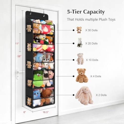 Univivi Over Door Stuffed Animal Storage,5-Tier Toy Organizer,Black | Breathable Mesh,Dustproof Zipper Pockets,Clear PVC Window,Heavy Duty,for Playroom & Bedroom
