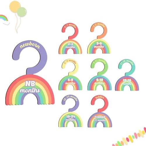Baby Clothes Dividers for Closet - Set of 8 Wooden Baby Size Closet Dividers Newborn to 24 Months, Newborn Organizer for Boys Girls - Rainbow Baby Nursery Decor Kit Newborns Gift Baby Shower