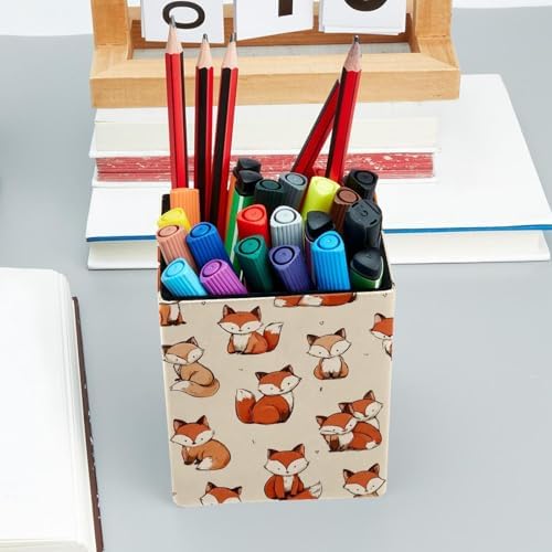 Cute Fox Pen Holder for Desk Decor, Rectangular PVC Leather Pencil Cup for Desk Pen Organizer, Makeup Brush Holder for School, Home, Office