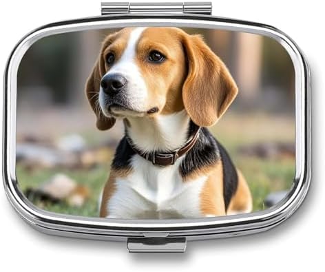 Metal Pill Box with Mirror - 2 Compartment Travel Pill Case for Purse Portable Pillbox Compact Vitamin Container Ovely Pet Dog Beagle Medicine Organizer for Fish Oil & Supplement