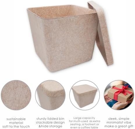 Welaxy Nodic large stackable felt bin Functional basket container with removable lid for Toys Pet Books Clothes throw blanket hide storage Ottoman Footrest Foot Stool coffee table(Oatmeal)
