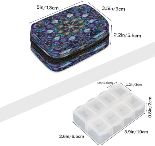 Pill Organizer Box Mandala Ethnic Style Purple 7-Day Weekly Medicine Pill Case Travel Pill Container Portable Pill Holder Storage Purse Bag Small Compact Size for Vitamin Supplement Birth Control