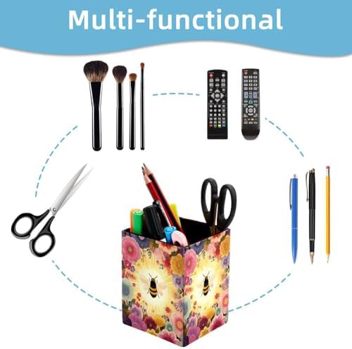 Bee Pen Holder for Desk Decor, Rectangular PVC Leather Pencil Cup for Desk Pen Organizer, Makeup Brush Holder for School, Home, Office