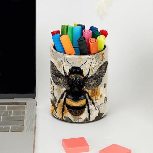 Faux Leather Pen Holder for Desk, Pencil Organizer Cute Bee Pen Cup Desk Decor Makeup Brush Holder Storage for Office Home