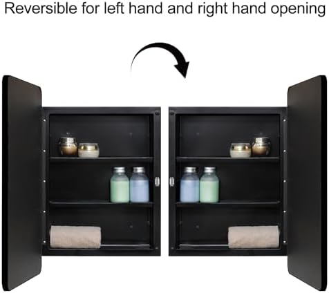 Black 16 x 22 Wall Medicine Cabinet, Mirror Door, Recessed or Surface Mount | Recessed Bathroom Mirror Cabinet with 2 Adjustable Shelves, Reversible Door And Hardware; Fully Assembled for Wall Mounting