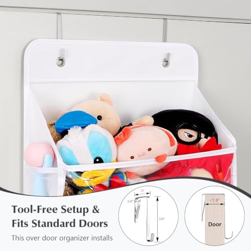 Univivi Over Door Stuffed Animal Storage,5-Tier Toy Organizer,White | Breathable Mesh, Dustproof Zipper Pockets, Clear PVC Window, Heavy Duty, for Playroom & Bedroom