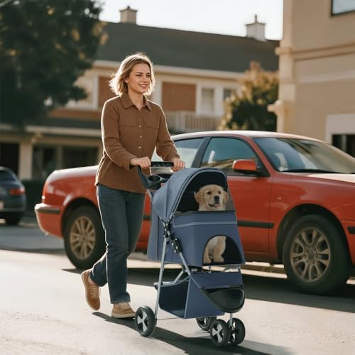 Foldable 3-Wheel Pet Stroller for Small Dogs & Cats, Navy Blue | Storage Basket & Cup Holder, Breathable Mesh Cover, Lightweight and Durable, for Small to Medium Pets, up to 33 lbs