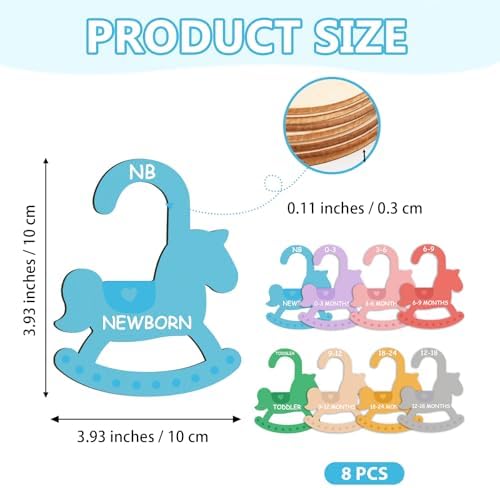 Baby Clothes Dividers for Closet - Set of 8 Wooden Baby Size Closet Dividers Newborn to 24 Months, Newborn Organizer for Boys & Girls - Rocking Horse Theme Baby Nursery Decor Kit New Parents Gifts