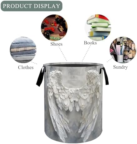 Angel Wings Laundry Basket Hamper, Organizer Bins Gifts for Women Kids, Heavenly White Feather Foldable Waterproof Clothes Hamper Handles Storage Bucket for Bedroom Bathroom Room Decor 19.7"x15.7"