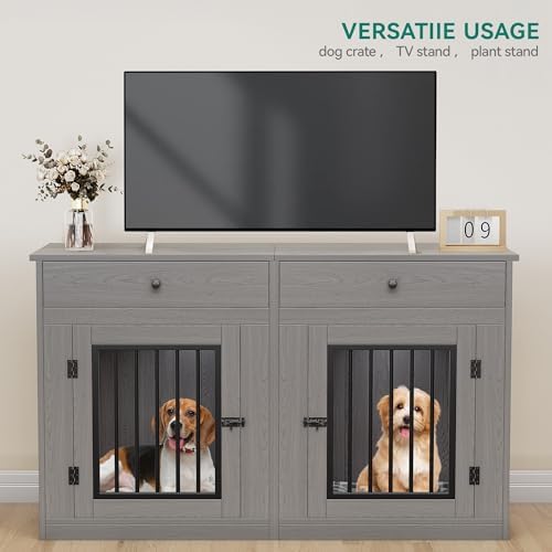 DWVO 60" Double Dog Crate Furniture for 2 Dogs with Storage Drawers