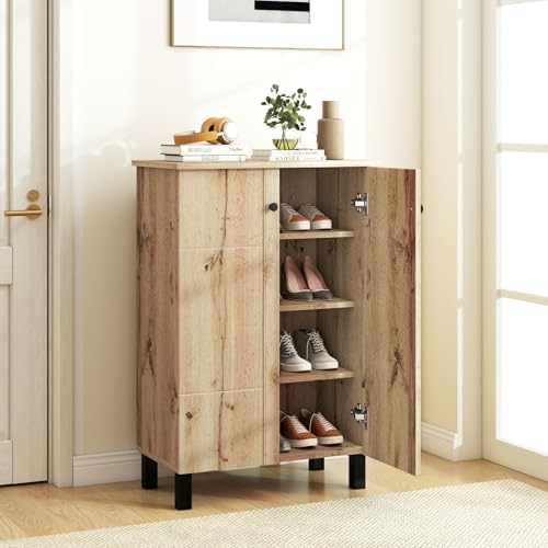 GIANTEX Shoe Cabinet with Doors, Modern Wooden Narrow Shoe Storage Cabinet | 4-Tier Freestanding Shoe Rack Cabinet with Flat-panel Doors & Adjustable Shelves for Entryway, Hallway, Closet