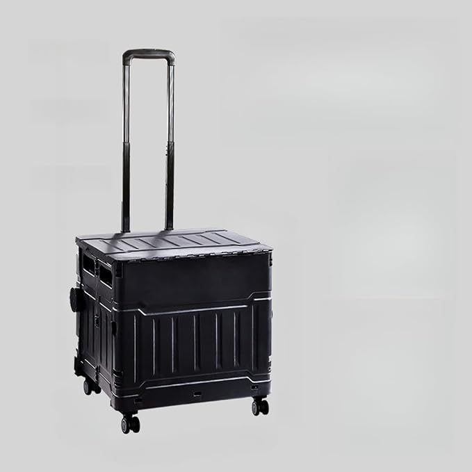 Collapsible Shopping Box Trolley on Wheels with Lid,75L Large Capacity Folding Portable Rolling Crate Handcart with Telescopic Handle for Camping (Black,Four Wheel Medium)