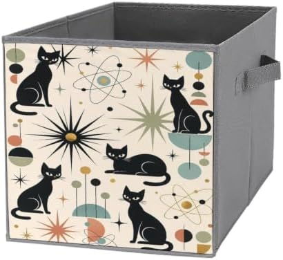 Black Cats Atomic Stars Yellow Storage Bin with Handles, Oxford Fabric Foldable Storage Cube Organizer for Clothes, Towels, Bedroom, Living Room, Home Organization