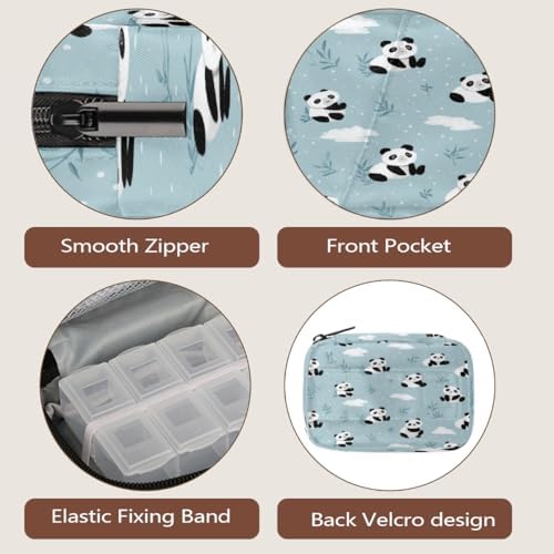 Weekly Pill Organizer Travel Size Bag with Removable 7 Day Pill Box Portable Vitamin Case Purse with Zipper,Panda with Bamboo Leaves Clouds