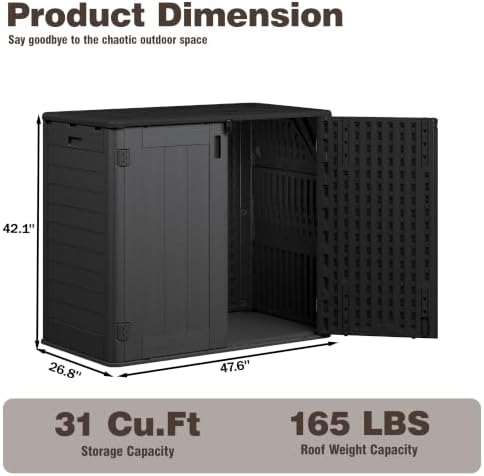 Horizontal Resin Storage Cabinet for Garage, 31 Cuft Waterproof Thickened Outdoor Resin Storage Shed with Floor & Lockable Double Doors for Patio, Garden and Trash Can, Black