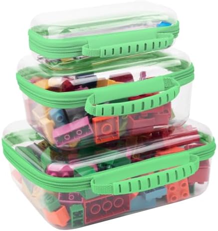 3 PCS Clear Zipper Pouches with Handle, Diaper Bag Organizer, Clear Makeup Bags Hardshell Toy Storage Bins with Zipper Toiletry Pouch Bag for Cosmetics Pencils Puzzles, Building Blocks(Green)