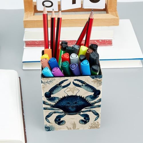 Retro Crab Pen Holder for Desk Decor, Rectangular PVC Leather Pencil Cup for Desk Pen Organizer, Makeup Brush Holder for School, Home, Office