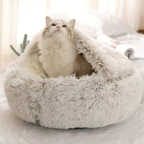 Round Fluffy Hooded Cat Bed Cave, Anti-Anxiety Cave Bed with Blanket | Hooded Cat Bed Cave, Cozy Cuddler Luxury Puppy Pet Bed, Anti-Slip Bottom and Machine Washable