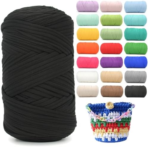 400g Tshirt Yarn for Crochet,Black T Shirt Soft Elastic Fabric Chunky Thick T-Shirt Crochet Yarn for Crocheting Knitting Beginner Hand Knitting for Bag/DIY Craft/Home Decor-Black