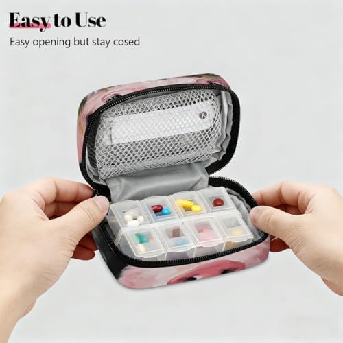 Weekly Pill Organizer Travel Size Bag with Removable 7 Day Pill Box Portable Vitamin Case Purse with Zipper,Pink Pig Flower Crown Oil Painting