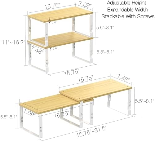 Expandable Kitchen Cabinet Organizer Shelves – Stackable Adjustable Metal and Wood Storage Racks for Countertop, Pantry, Garage Set of 2 Spice Rack – Easy Assembly, Space-Saving(2 Packs/Large/White)