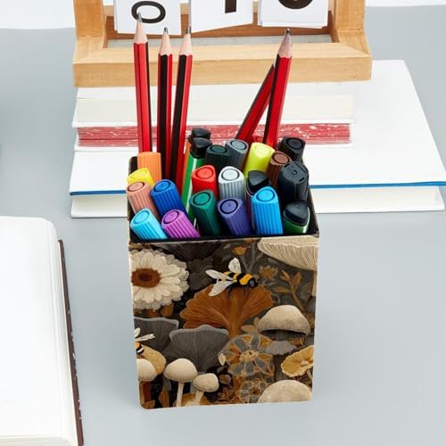 Bees and Mushrooms Pen Holder for Desk Decor, Rectangular PVC Leather Pencil Cup for Desk Pen Organizer, Makeup Brush Holder for School, Home, Office