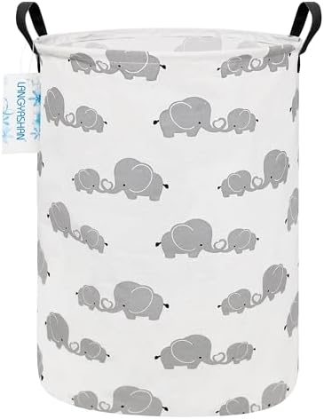 Round Laundry Basket Collapsible Storage Hamper Love Elephant | Waterproof Canvas Foldable Baskets with sturdy Handles Multi-scene Organizer for Home Play Bedroom Gift Bin
