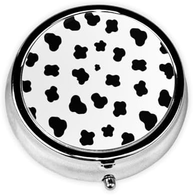 Compact Pill Container, Round Mini Box with Mirror, Travel Organizer for Supplements, Pocket Purse Holder for Daily Routine, Black and White Animal Cow Print