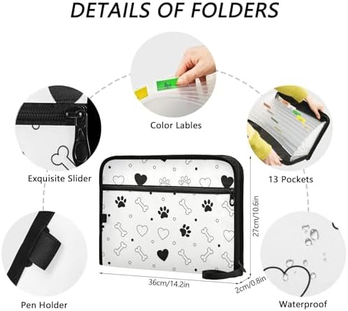 Pet Valentines Paw White Print 13-Pocket Accordion File Organizer, Water-Resistant Document Folder with Labels, Portable Expanding File Box for Home Office School, A4 Size