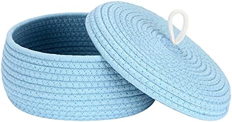 Sea Team Round Woven Cotton Rope Storage Basket with Lid, Blue | Lidded Knitted Decorative Storage Bin, Pot, Caddy, Organizer, Container for Snacks, Towels, Plants, 10 x 4.5 Inches