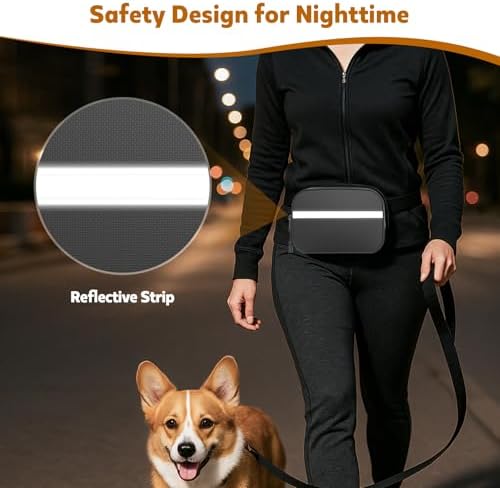 Dog Treat Pouch with Poop Dispenser and Reflective Strip for Training Walks | Removable Auto Closing Pouch, Dual Compartment, Waterproof Fabric, Crossbody Waist Belt for Hiking Outdoor Everyday Use