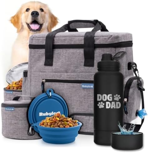 Rubyloo Original Doggy Bag (Grey) & 32 oz Insulated Water Bottle with Attached 8 oz Bowl (Dog Dad) – Dog Travel Bag & Hydration Set