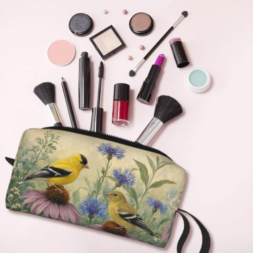 Goldfinch Pair on Coneflowers Makeup Bag for Women Wrist Strap | Double-Sided Goldfinch Garden Cosmetic Organizer with Foam Padding for Women, Travel, Gym, School, and Daily Storage