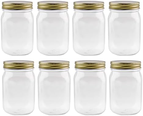 Cornucopia Brands 16oz Clear Plastic Mason Jars (8-Pack, Gold Metal Lids); PET BPA-Free Mason Style w/One Piece Lids, 2-Cup/Pint Capacity